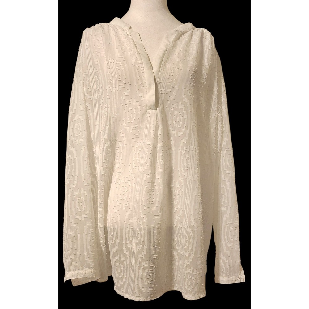 Retro Threads XXXL White Hooded Tunic Top Long Sleeve Textured Pattern Blouse